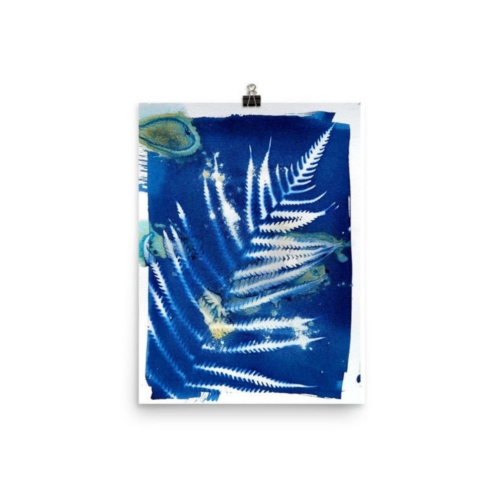 Original Botanical Blue Print Fern Leaf Cyanotype Water Color Paper 9x12"